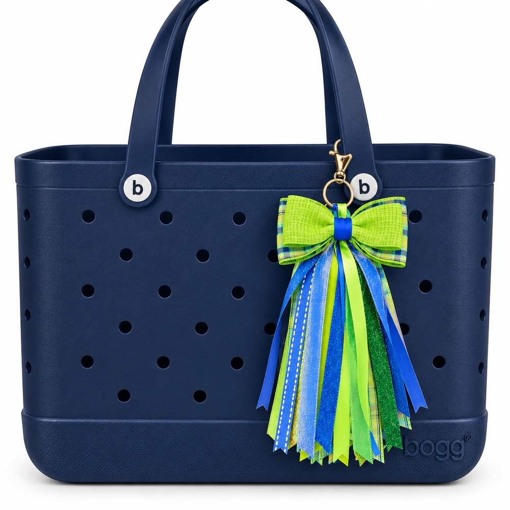 Green and Blue Ribbon Bow Tassel Keychain Bag Charm for Bogg Bag Backpack